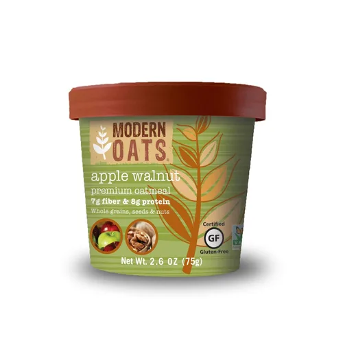 Modern Oats - Tazas de avena instantánea de manzana y nuez con tapa, sin gluten, vegana, sin OGM con proteína y fibra, desayuno para llevar, avena