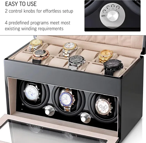 Miniatura 5 de Enrollador de reloj y caja de almacenamiento para enrollar 3 relojes automáticos y 12 espacios de almacenamiento de relojes