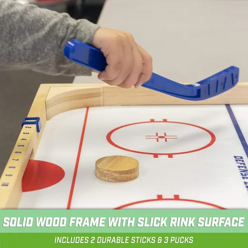 Miniatura 4 de GoSports Hockey Ice Pucky - Juego de hockey de mesa de madera para niños y adultos - Incluye 1 tablero de juego, 2 palos de hockey y 3 discos