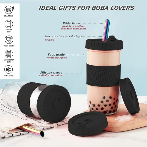 Miniatura 4 de Amyoole Paquete de 2 tazas Boba reutilizables, vasos de batido de boca ancha de 24 onzas, vasos de vidrio con tapas y popotes, tazas de té