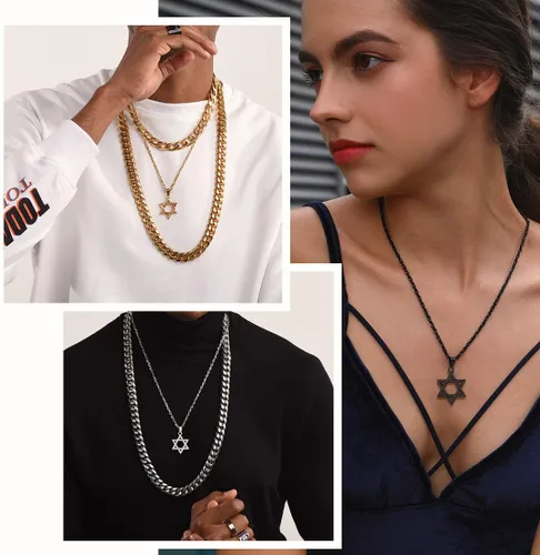 Miniatura 144 de U7 - Collar con Estrella de David para hombres y mujeres, dije hexagonal de acero inoxidable con cruz/piedra de rubí/collares clásicos judíos