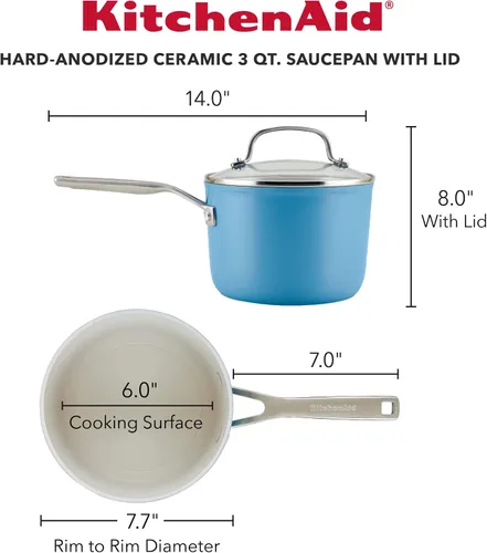 Miniatura 2 de KitchenAid Sartén antiadherente de cerámica anodizada dura con tapa, 3 cuartos de galón, terciopelo azul