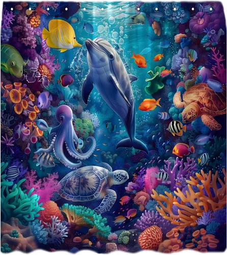 Blue Ocean Shower Curtain Dolphin Tropical Fish Beach Turtle Octopus Underwater World Coral Colorful Sea Fun Nautical Retro Decor Bathroom Curtain