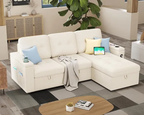 Miniatura 5 de PaPaJet Sofá cama modular de 84 pulgadas, sofá cama extraíble con diván de almacenamiento, sofá cama convertible copetudo con 2 USB y portavasos