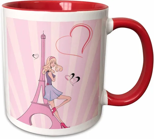 Miniatura 9 de 3dRose Girly Pink Girl Eiffel Tower and Hearts Paris Love Vector Illustration Taza de dos tonos, 11 onzas, negro/blanco