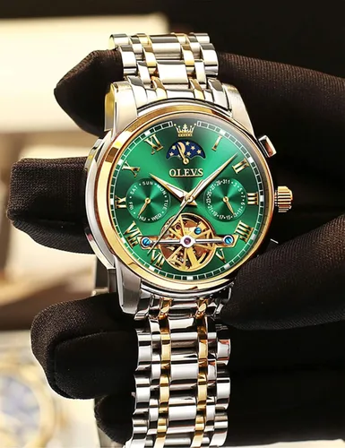 Miniatura 4 de OLEVS Relojes automáticos de cuerda automática para hombre, fecha y día, calendario, relojes de acero inoxidable, movimiento de esqueleto