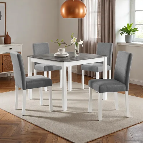 Miniatura 15 de Juego de mesa de comedor para 4, juego de mesa de comedor de 5 piezas con mesa cuadrada y 4 sillas tapizadas de tela de lino, modernos