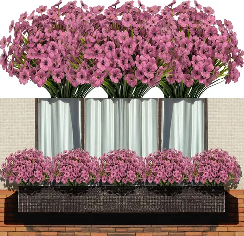Miniatura 12 de Flores artificiales 15 racimos para exteriores, resistentes a los rayos UV, tela de plástico, plantas verdes para colgar macetas, cocina, hogar, Azul
