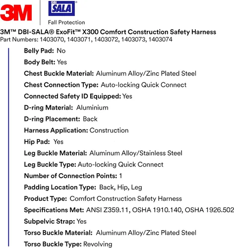 Miniatura 3 de 3M 1403070 DBI-SALA ExoFit X300 Arnés de seguridad de construcción cómodo, protección contra caídas, OSHA, ANSI, anillo en D trasero de aluminio