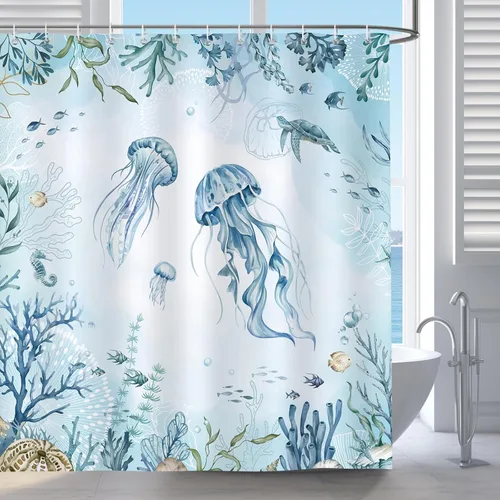 Miniatura 2 de Bonhause - Cortina para ducha de medusa, cortina de baño de tortuga azul teja y mar azulado, diseño costero de playa, de 72 x 72 pulgadas