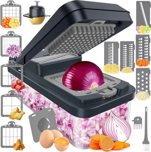 Miniatura 10 de SpaceHacks Picador de verduras 12 en 1, utensilios de cocina con 7 cuchillas, para verduras, alimentos, picador de cebolla, cortador de pepino, Verde