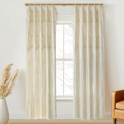 Miniatura 8 de IOWER Cortina de macramé larga de algodón para ventana, cortinas bohemias para dormitorio, boda, telón de fondo, divisor de habitación, puerta
