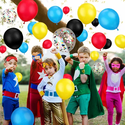 Miniatura 2 de Kit de guirnalda de arco de 147 piezas con temática de héroe, incluye globos azules, rojos, amarillos, negros con globos de confeti y cinta en rollo