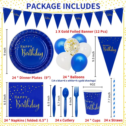 Miniatura 2 de DYLIVeS Paquete de 204 piezas de decoraciones de cumpleaños azules, puntos de aluminio azules y dorados, suministros de fiesta de feliz cumpleaños