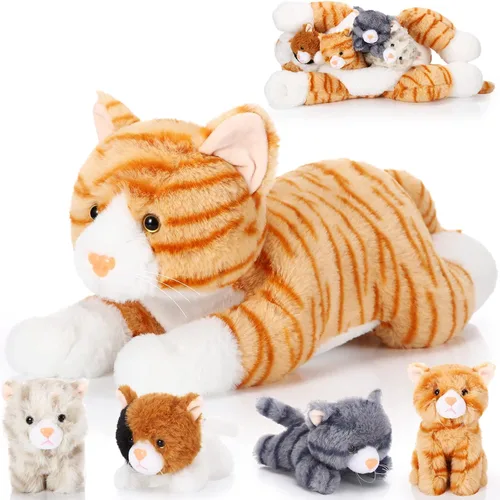 Miniatura 9 de Skylety 5 piezas de animal de peluche de gato con bebés dentro del vientre de gato embarazada mamá gatita con 4 lindos gatitos de peluche esponjosos