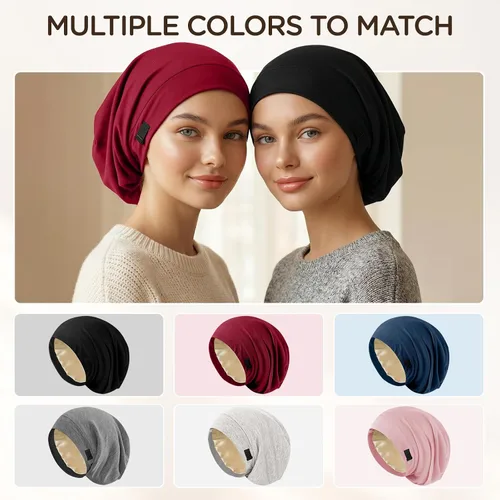 Miniatura 6 de 2 gorros de satén para dormir para mujer, Multi Adjustable Slouchy Beanie Hat, Night Sleep Cap Hair Wrap for Curly & Natural Hair