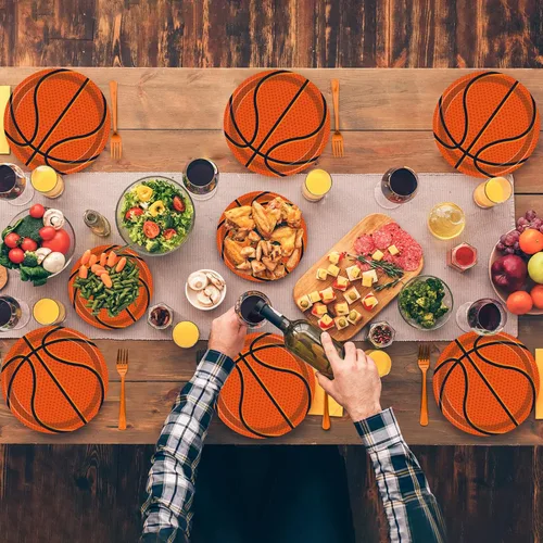Miniatura 5 de Juego de vajilla de baloncesto de 96 piezas, platos desechables para fiestas deportivas, servilletas, tenedores, decoraciones de fiesta