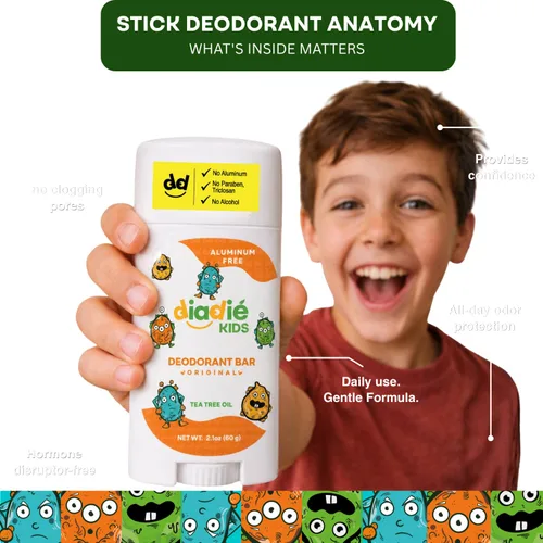 Miniatura 3 de Diadié Desodorante natural para niños y niñas, sin aluminio, seguro, en barra, 2.1 onzas, 1 paquete