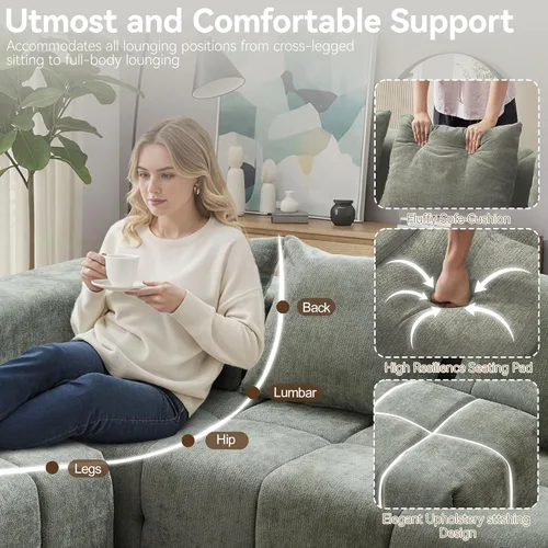 Miniatura 4 de Sofá modular sin hueso de 119 pulgadas para sala de estar, moderno sofá modular copetudo con asiento profundo y otomana móvil, sofá de felpilla