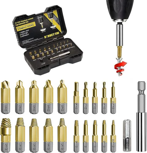 Juego de 22 extractores de tornillos dañados de titanio, kit de extractor de tornillos HSS 4341, extractor de tornillo pelado fácil de quitar de