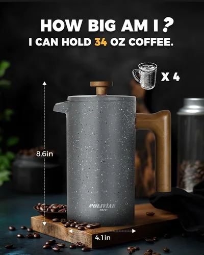 Miniatura 7 de POLIVIAR - Cafetera de prensa francesa, prensa de café de 34 onzas con mango de madera real, aislamiento de doble pared y pantalla de doble filtro
