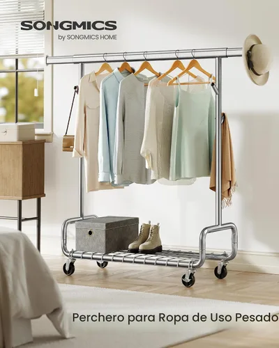Miniatura 2 de SONGMICS Perchero de Ropa, Perchero de Ropa Rodante de Servicio Pesado con Ruedas, Barra Colgante Extensible y Altura Ajustable, Portátil, con Plata