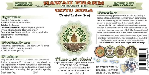 Miniatura 2 de Hawaii Pharm Gotu Kola - Extracto líquido sin alcohol, Gotu Kola (Centella Asiatica) Suplemento herbario natural de glicerita de hoja seca, 2 onzas