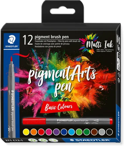 STAEDTLER Pigment Arts - Pinceles de rotulador, colores básicos, paquete de 12 rotuladores, 371 C12-1 12 colores