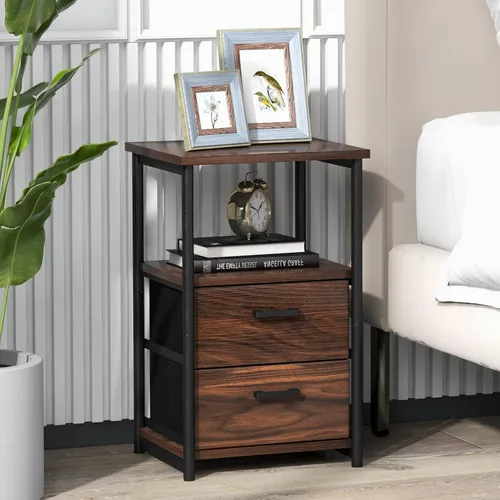 Miniatura 2 de Tangkula Mesita de noche, mesa auxiliar de sofá con estante abierto y 2 cajones, mesa de noche con marco de metal, cómoda de madera con 2 cajones
