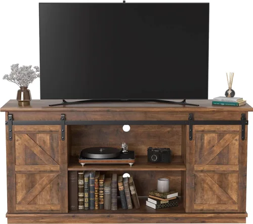 Miniatura 12 de JUMMICO Soporte de TV para TV de 65 pulgadas, centro de entretenimiento con armarios de almacenamiento y puertas corredizas de granero, consola