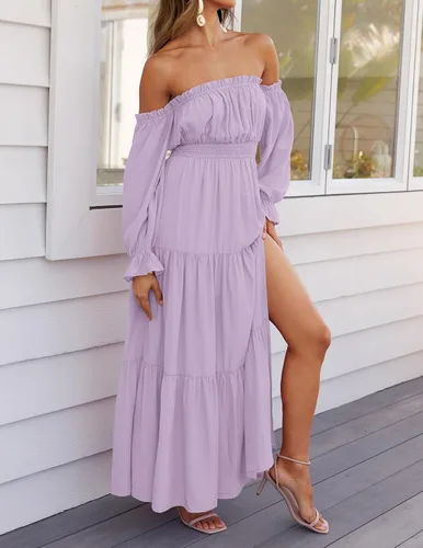 Miniatura 133 de ZESICA - Vestido largo, bohemio y sexy, con hombros descubiertos y manga larga fruncida, con elástico fruncido, cintura alta y abertura lateral