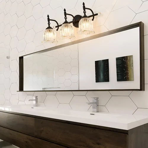 Miniatura 8 de CVKASH Accesorios de Lámpara de Tocador de Baño de 3 Luces Sobre Espejo, Lámpara de Tocador Moderna Negra con Pantalla de Vidrio, Aplique de Pared