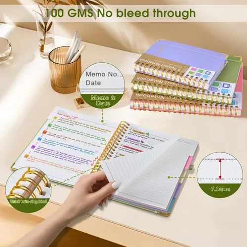 Miniatura 6 de Cuadernos en espiral de tapa dura para el trabajo, cuaderno de 5 materias a rayas universitarias con pestañas divisorias, cuaderno organizador