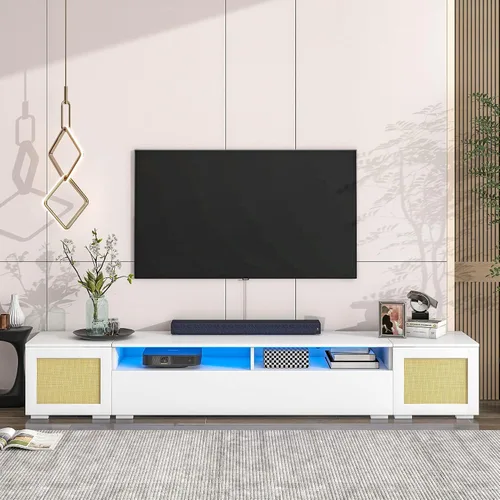 Miniatura 10 de Soporte de TV versátil de alto brillo con luces LED que cambian de color y 2 estantes de vidrio templado, centro de entretenimiento para televisores