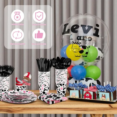 Miniatura 7 de Durony 350 piezas juego de vajilla de fiesta rosa con estampado de vaca que incluye platos, tazas, servilletas, cuchillos, tenedores, cucharas