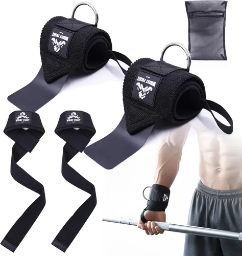 Muñequeras de levantamiento de pesas con anillo en D, correas de elevación y bolsa de malla lavable - Máquina de cables 3 en 1 y juego de