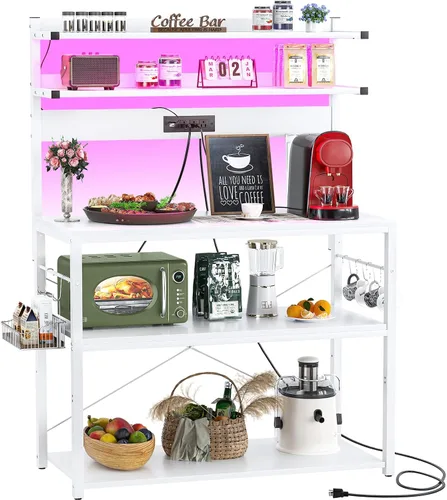 Miniatura 10 de Aheaplus - Estantería de cocina con toma de corriente, soporte para microondas, estación de café de 5 niveles con luces LED, estante