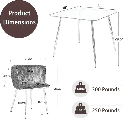 Miniatura 3 de Juego de mesa de comedor de cristal plateado para 2, juego de mesa cuadrada de lujo moderno de 36 pulgadas, juego de mesa de cocina minimalista de 3