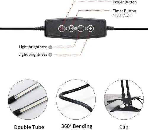 Miniatura 4 de Luz de cultivo de plantas, espectro completo de 6000 K con LED rojos y blancos ajustables, atenuación de 10 niveles, lámpara de clip alimentada por