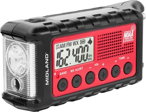 Midland - ER310, radio AM/FM con manivela de emergencia - Múltiples fuentes de alimentación, linterna de emergencia SOS, silbato ultrasónico para