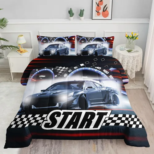 Datura home Juego de ropa de cama con funda de edredón de coche de carreras para niños y adolescentes, impresión 3D a cuadros blanco y negro con