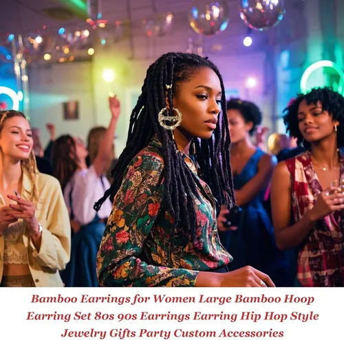 Miniatura 3 de Aretes de bambú para mujeres, gran set de aretes de aro de bambú, estilo hip hop de los 80 y 90, joyería para regalos de fiesta, accesorios