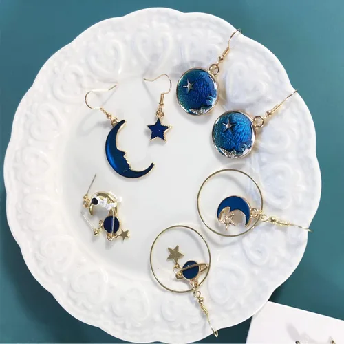 Miniatura 5 de Juego de 12 pares de aretes de luna y estrella del sol, astronauta espacial planeta celestial