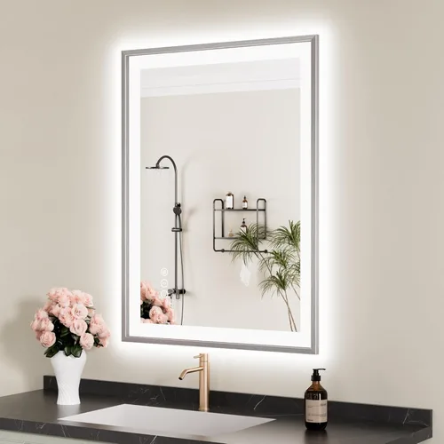 Miniatura 30 de Espejo de baño LED de 60x36 pulgadas con marco negro, espejos de baño retroiluminados y con luz frontal para pared, antiempañamiento, regulable