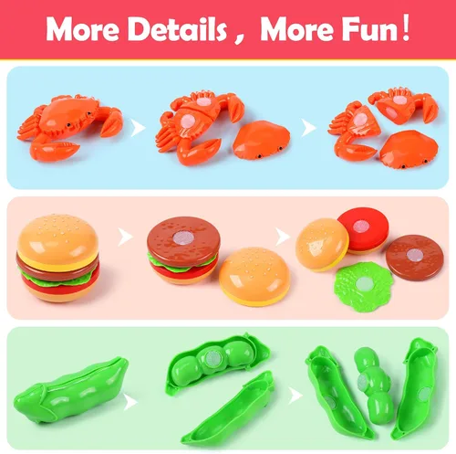 Miniatura 4 de HOLYFUN Juego de juguetes de comida para niños, cesta de la compra con accesorios de corte de frutas y verduras, olla y sartén, platos de plástico