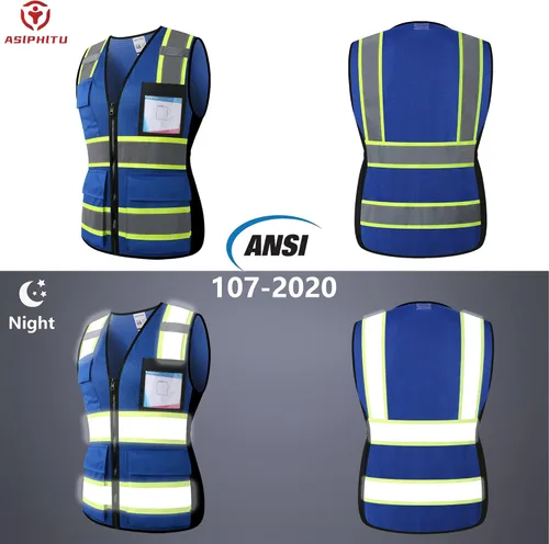 Miniatura 4 de Chaleco de seguridad reflectante de alta visibilidad para hombres y mujeres con bolsillos y cremallera frontal, cumple con los estándares ANSI/ISEA