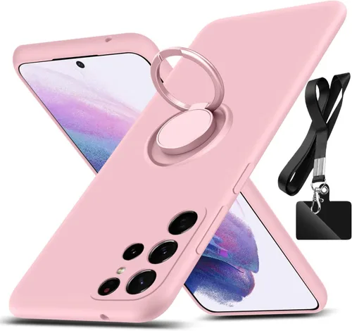 Miniatura 11 de Funda para Galaxy S22 Ultra, con soporte de anillo giratorio de 360° y correa de silicona líquida, delgada, a prueba de golpes, funda protectora Azul