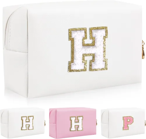 Miniatura 21 de Bolsa de maquillaje con parche de letra inicial personalizada, bolsa de cosméticos de chenilla preppy con letra de chenilla con cremallera, Y