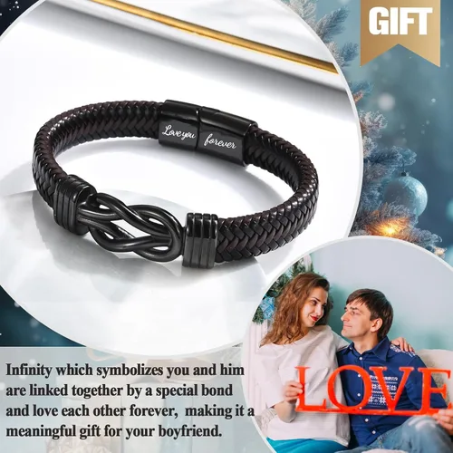 Miniatura 8 de Gifts for Men Infinity Leather Bracelet for Dad New Daddy Husband Boyfriend Son Grandson Brother Nephew Uncle Brown Braided Engraved Leather Jewelry