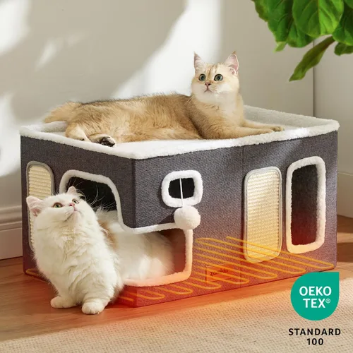 Miniatura 8 de ZOMISIA Casa térmica para gatos de interior – Cama grande de calentamiento para gatos para invierno con bola esponjosa colgante y almohadilla